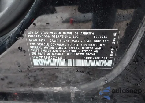 2015 Volkswagen Passat 2.0L Tdi Sel Premium from USA, damaged, VIN 1VWCV7A30FC074832